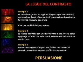 LA LEGGE DEL CONTRASTO
PERSUASIONE
Esempio 1
se solleviamo prima un oggetto leggero e poi uno pesante,
questo ci sembrerà più pesante di quanto ci sembrerebbe se
l'avessimo sollevato per primo
Vale per tutti i tipi di percezione
Esempio 2
se stiamo parlando con una bella donna a una festa e poi si
aggiunge un'altra che bella non è, ci sembrerà più brutta di
quello che è
Esempio 3
tre vaschette piene d'acqua: una fredda con cubetti di
ghiaccio, una a temperatura ambiente e una calda
 