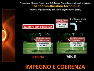 IMPEGNO E COERENZA
Freedman, J.L. and Fraser, and S.C. Fraser “compliance without pressure:
“The foot-in-the-door technique”
Journal of personality and social psychology 4 (1966)
GUIDATE CON PRUDENZA
83% No 76% Sì
2 settimane prima
8 x 8 cm
 