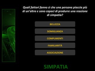 SIMPATIA
Quali fattori fanno sì che una persona piaccia più
di un’altra e sono capaci di produrre una reazione
di simpatia?
BELLEZZA
ASSOCIAZIONE
SOMIGLIANZA
COMPLIMENTI
FAMILIARITÀ
 