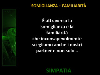 SIMPATIA
SOMIGLIANZA + FAMILIARITÀ
È attraverso la
somiglianza e la
familiarità
che inconsapevolmente
scegliamo anche i nostri
partner e non solo…
 