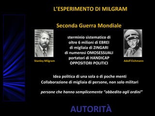 AUTORITÀ
Stanley Milgram Adolf Eichmann
Seconda Guerra Mondiale
sterminio sistematico di
oltre 6 milioni di EBREI
di migliaia di ZINGARI
di numerosi OMOSESSUALI
portatori di HANDICAP
OPPOSITORI POLITICI
Idea politica di una sola o di poche menti
Collaborazione di migliaia di persone, non solo militari
persone che hanno semplicemente “obbedito agli ordini”
L’ESPERIMENTO DI MILGRAM
 
