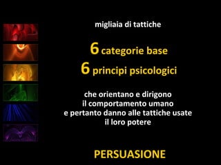 PERSUASIONE
migliaia di tattiche
6categorie base
6principi psicologici
che orientano e dirigono
il comportamento umano
e pertanto danno alle tattiche usate
il loro potere
 