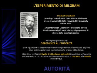 AUTORITÀ
STANLEY MILGRAM
psicologo statunitense, ricercatore e professore
presso le università: Yale, Harvard, City University
di New York.
1961 Interaction Laboratory - Università di Yale
Realizzò uno dei più ampi e integrati programmi di
ricerca della psicologia sociale
Paradigma sperimentale:
OBBEDIENZA ALL’AUTORITÀ
studi riguardanti la determinazione del comportamento individuale, da parte
di un sistema gerarchico e autoritario che impone obbedienza.
Obiettivo: verificare il livello di obbedienza agli ordini impartiti da un'autorità
nel momento in cui tali ordini entrano in conflitto con la coscienza e la morale
dell'individuo
L’ESPERIMENTO DI MILGRAM
 