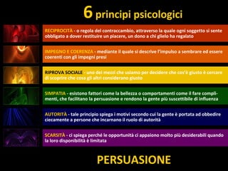 PERSUASIONE
RECIPROCITÀ - o regola del contraccambio, attraverso la quale ogni soggetto si sente
obbligato a dover restituire un piacere, un dono a chi glielo ha regalato
RIPROVA SOCIALE - uno dei mezzi che usiamo per decidere che cos’è giusto è cercare
di scoprire che cosa gli altri considerano giusto
SIMPATIA - esistono fattori come la bellezza o comportamenti come il fare compli-
menti, che facilitano la persuasione e rendono la gente più suscettibile di influenza
AUTORITÀ - tale principio spiega i motivi secondo cui la gente è portata ad obbedire
ciecamente a persone che incarnano il ruolo di autorità
IMPEGNO E COERENZA - mediante il quale si descrive l’impulso a sembrare ed essere
coerenti con gli impegni presi
SCARSITÀ - ci spiega perché le opportunità ci appaiono molto più desiderabili quando
la loro disponibilità è limitata
6principi psicologici
 