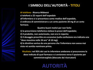 AUTORITÀ
Al telefono - Ricerca Midwest
si telefonò a 22 reparti dell’ospedale
all'infermiera ci si presentava come medico dell'ospedale,
si ordinava di somministrare a un certo paziente 20 mg di un certo
farmaco.
Quattro buoni motivi per non farlo:
1) la prescrizione telefonica violava la prassi dell'ospedale;
2) il prodotto, non autorizzato, non era in reparto;
3) il dosaggio prescritto era eccessivo (sulla confezione era indicata una
"dose massima nelle 24 ore" di 10 mg);
4) la direttiva veniva da una persona che l'infermiera non aveva mai
visto né sentito nominare prima.
Risultato: nel 95% dei casi le infermiere andarono si procurarono la
dose indicata di quel farmaco e si avviarono verso il paziente per
somministrargliela (bloccate dai ricercatori)
I SIMBOLI DELL’AUTORITÀ - TITOLI
 