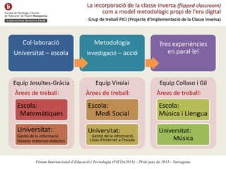 La incorporació de la classe inversa (flipped classroom)
com a model metodològic propi de l'era digital
Grup de treball PICI (Projecte d’Implementació de la Classe Inversa)
Tres experiències
en paral·lel
Metodologia
Investigació – acció
Col·laboració
Universitat – escola
Equip Jesuïtes-Gràcia
Àrees de treball:
Escola:
Matemàtiques
Universitat:
Gestió de la informació
Disseny materials didàctics
Equip Virolai
Àrees de treball:
Escola:
Medi Social
Universitat:
Gestió de la informació
Usos d’Internet a l’escola
Equip Collaso i Gil
Àrees de treball:
Escola:
Música i Llengua
Universitat:
Música
Fòrum Internacional d’Educació i Tecnologia (FIETxs2015) - 29 de juny de 2015 - Tarragona
 