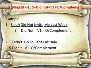 2. Negatif (-) : S+Did not+V1+O/Complement
Example:
1. Sarah Did Not Invite Me Last Week
S Did Not V1 O/Complement
2. I Didn’t Go To Paris Last July
S Didn’t V1 O/Complement
 