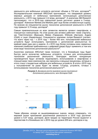 9

реальности для мобильных устройств достигнет объема в 732 млн. долларовviii.
Исследовательская компания ARCChart прогнозирует, что ожидаемый уровень
мировых доходов от мобильных приложений, использующих дополненную
реальность, к 2015 году превысит 2,2 млрд. долларовix. А аналитики ABI Research
прогнозируют, что в 2016 году совокупный рынок достигнет уровня в 3 млрд..
долларовx. Компания Markets and Markets дает еще более оптимистичную оценку.
По мнению ее специалистов рынок технологии дополненной реальности в 2016
году превысит 5,15 млрд. долларовxi.
Самым привлекательным из всех сегментов является сегмент смартфонов, и
планшетных компьютеров. На этом рынке уже активно работают такие стартапы,
как Total Immersion (Франция), Metaio (Германия), Wikitude (Австрия), Zugara
(США) и Layar (Нидерланды). Специалисты компании Juniper Research считают,
что всего через год – к 2014 году – более 400 млн. пользователей мобильных
устройств будут использовать приложения с дополненной реальностью по
крайней мере один раз в неделю. А к 2016 году более половины всех сервисных
компаний (наиболее приближенных к цифровой среде) будут применять в том или
ином виде технологию дополненной реальностиxii.
Аналитики компании ARCchart также полагают, что в ближайшие годы будет
быстро расти количество мобильных устройств, готовых для использования
технологии дополненной реальности. Благодаря жесткой конкуренции
производители будут активнее педалировать использование в смартфонах и
планшетниках таких компонентов, как гироскопы и мощные процессоры, которые в
итоге станут стандартным набором для мобильных устройств. В итоге к 2015 году
у пользователей на руках будет не менее 1,6 млрд. устройств, готовых к
использованию технологии дополненной реальностиxiii.
              Рисунок 2. Динамика роста мирового рынка приложений
                   дополненной реальности, млн долларов США




Таким образом, исходя из вышеприведенных оценок, можно утверждать, что
мировой рынок приложений дополненной реальности в 2016 году достигнет
уровня в 4,07 млрд. долларов. Доля продаж на территории России вырастит в
перспективе 4-х ближайших лет к 2016 году до уровня 209 млн. долларов в год.




         Декабрь 2012 г., Высшая школа маркетинга и развития бизнеса НИУ ВШЭ
                    по заказу ОАО «Российская Венчурная компания»
                                    marketing.hse.ru
 
