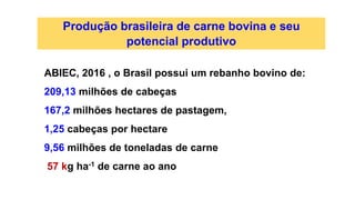 Produção brasileira de carne bovina e seu
potencial produtivo
ABIEC, 2016 , o Brasil possui um rebanho bovino de:
209,13 m...