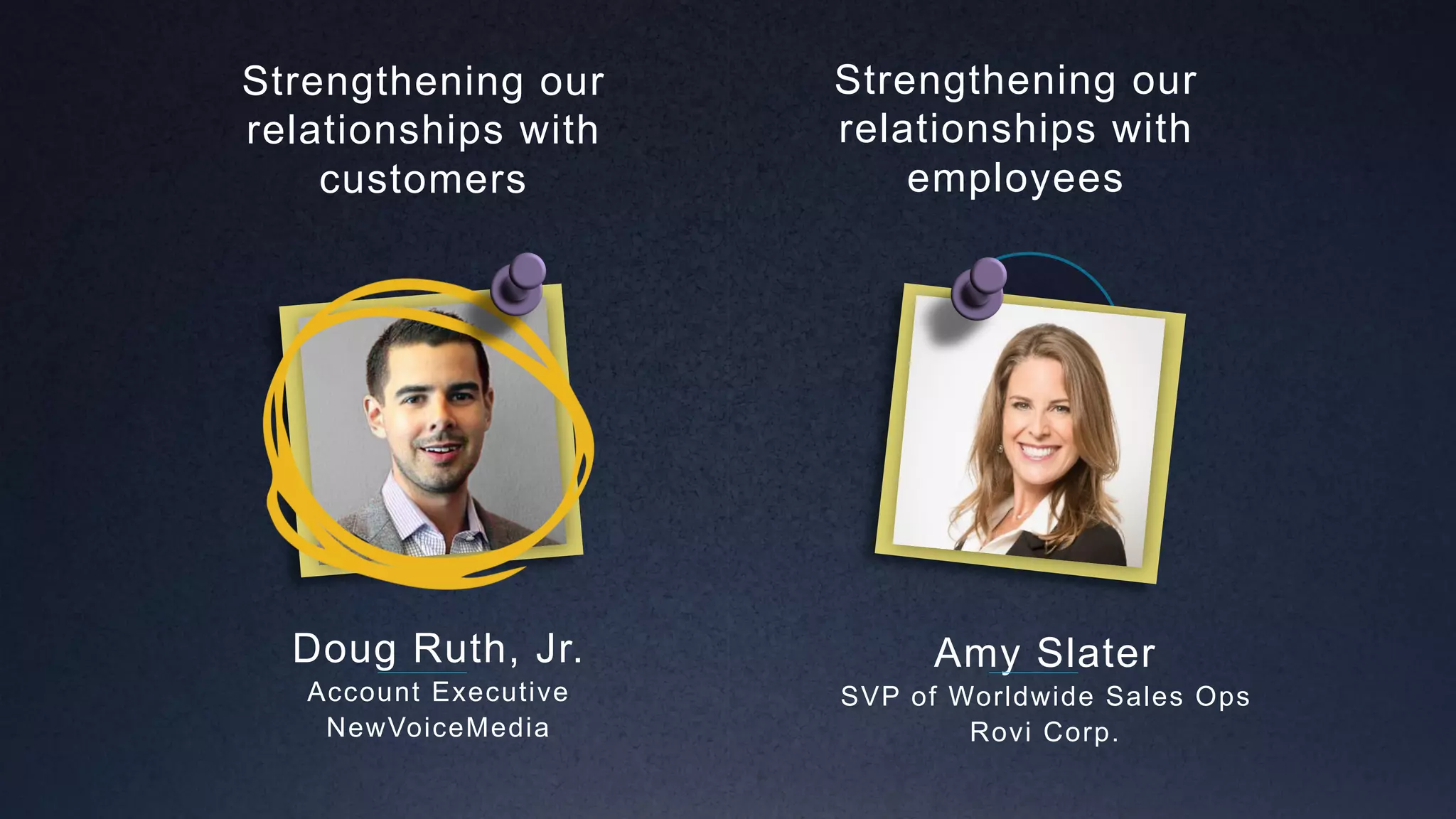Doug Ruth, Jr.
Account Executive
NewVoiceMedia
Amy Slater
SVP of Worldwide Sales Ops
Rovi Corp.
Strengthening our
relationships with
customers
Strengthening our
relationships with
employees
 