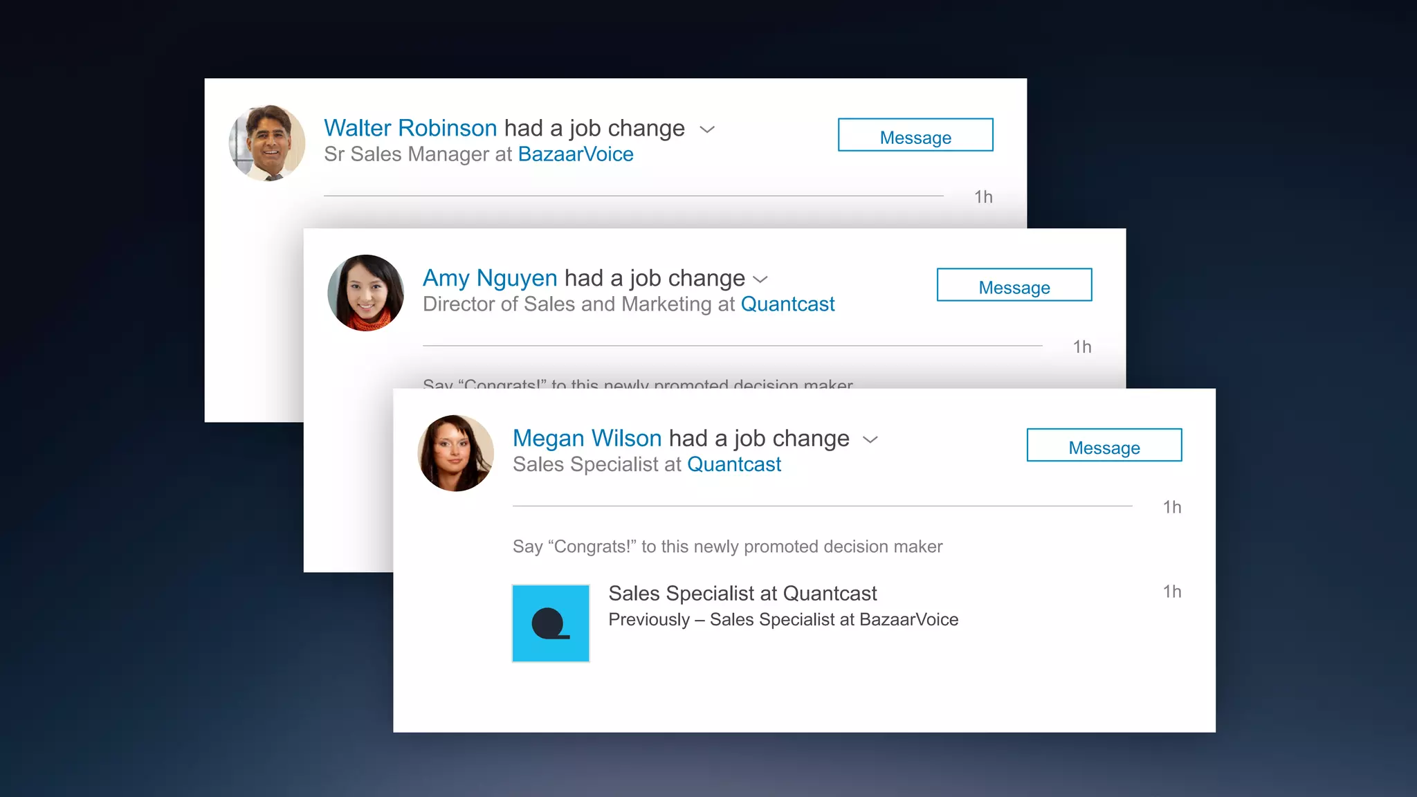 Walter Robinson had a job change
Sr Sales Manager at BazaarVoice
Say “Congrats!” to this newly promoted decision maker
Sales Manager at Bank of America
Previously – National Accounts Manager at AT&T
Message
1h
1hAmy Nguyen had a job change
Director of Sales and Marketing at Quantcast
Say “Congrats!” to this newly promoted decision maker
Director of Sales and Marketing at UnitedHealth Group
Previously – Tech Strategy Manager at Nielson
Message
1h
1h
Megan Wilson had a job change
Sales Specialist at Quantcast
Say “Congrats!” to this newly promoted decision maker
Sales Specialist at Quantcast
Previously – Sales Specialist at BazaarVoice
Message
1h
1h
 