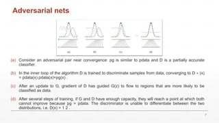 Adversarial nets
(a) Consider an adversarial pair near convergence: pg is similar to pdata and D is a partially accurate
classifier.
(b) In the inner loop of the algorithm D is trained to discriminate samples from data, converging to D ∗ (x)
= pdata(x) pdata(x)+pg(x) .
(c) After an update to G, gradient of D has guided G(z) to flow to regions that are more likely to be
classified as data.
(d) After several steps of training, if G and D have enough capacity, they will reach a point at which both
cannot improve because pg = pdata. The discriminator is unable to differentiate between the two
distributions, i.e. D(x) = 1 2 .
7
 