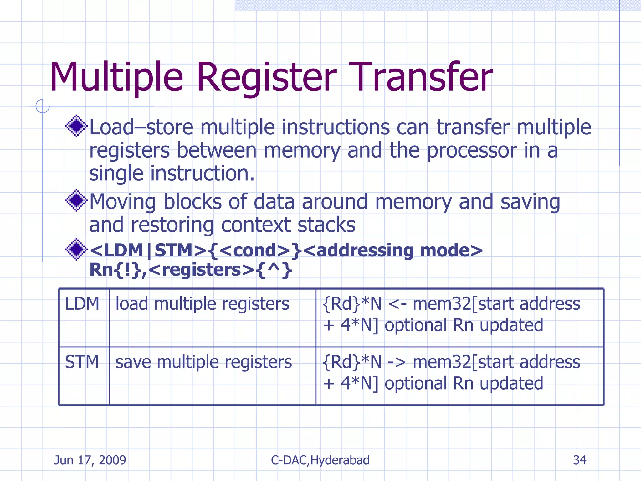 Multiple Register Transfer Load–store multiple instructions can transfer multiple registers between memory and the processor in a single instruction. Moving blocks of data around memory and saving and restoring context stacks <LDM|STM>{<cond>}<addressing mode> Rn{!},<registers>{^} {Rd}*N -> mem32[start address + 4*N] optional Rn updated save multiple registers STM {Rd}*N <- mem32[start address + 4*N] optional Rn updated load multiple registers LDM 