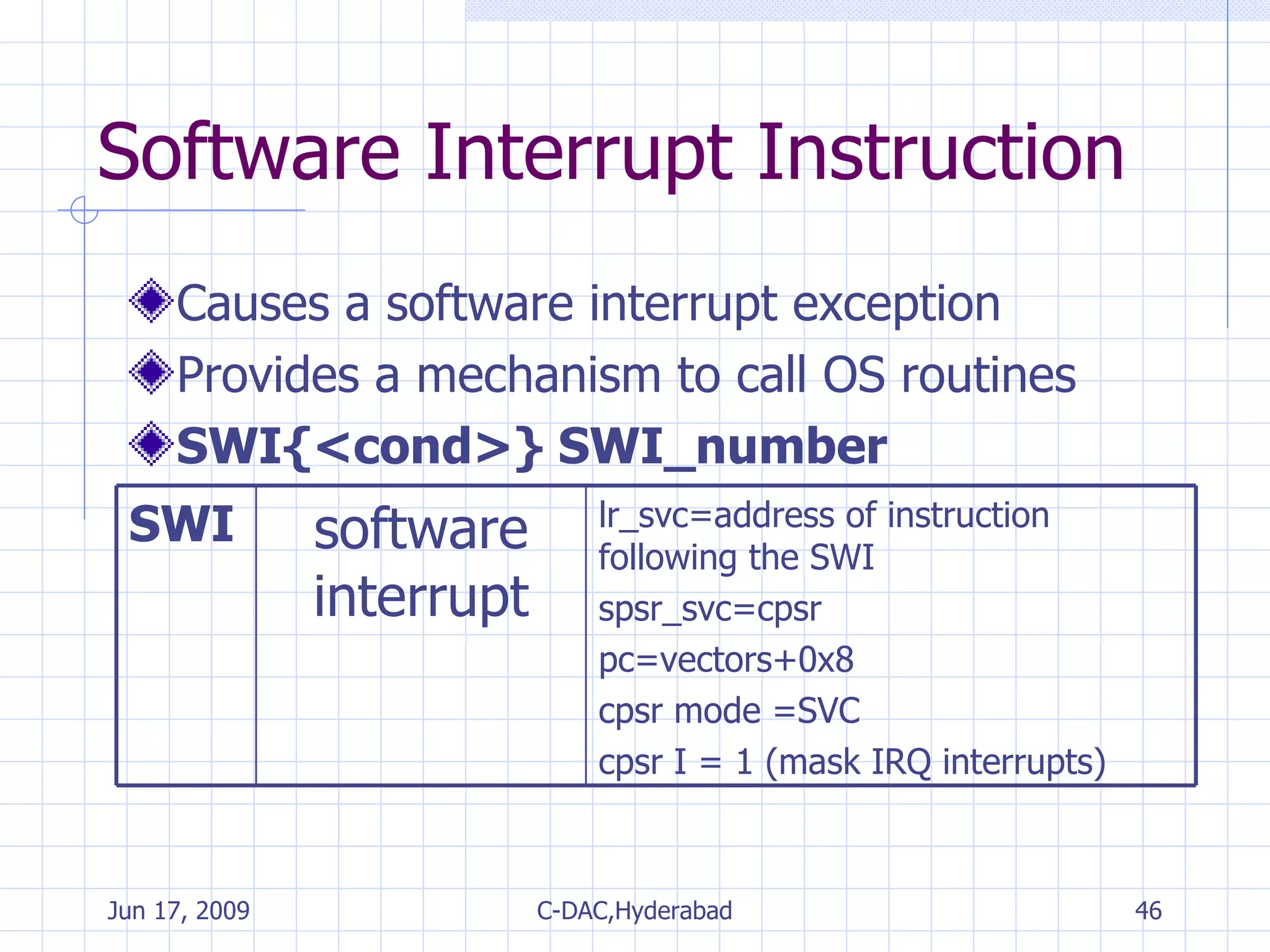 Software Interrupt Instruction Causes a software interrupt exception Provides a mechanism to call OS routines SWI{<cond>} SWI_number lr_svc=address of instruction following the SWI spsr_svc=cpsr pc=vectors+0x8 cpsr mode =SVC cpsr I = 1 (mask IRQ interrupts) software interrupt SWI 