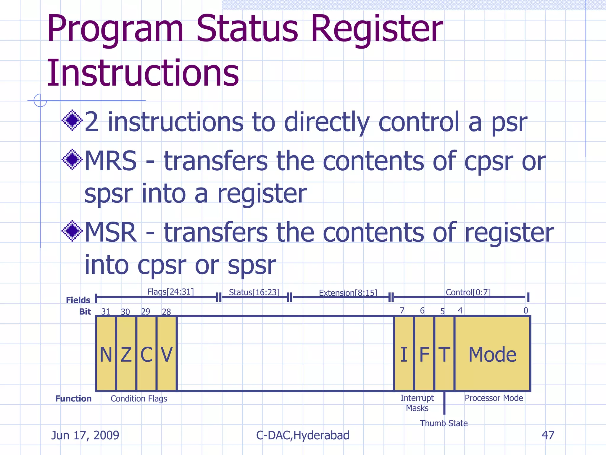 Program Status Register Instructions 2 instructions to directly control a psr MRS - transfers the contents of cpsr or spsr into a register MSR - transfers the contents of register into cpsr or spsr N Z C V I F T Mode 31 30 29 28 7 6 5 4 0 Condition Flags Processor Mode Interrupt Masks Thumb State Function Bit Fields Flags[24:31] Status[16:23] Extension[8:15] Control[0:7] 