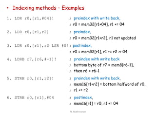• Indexing methods – Examples
1. LDR r0,[r1,#04]! ; preindex with write back,
; r0 = mem32[r1+04], r1 += 04
2. LDR r0,[r1,r2] ; preindex,
; r0 = mem32[r1+r2], r1 not updated
3. LDR r0,[r1],r2 LSR #04; postindex,
; r0 = mem32[r1], r1 += r2 >> 04
4. LDRB r7,[r6,#-1]! ; preindex with write back
; bottom byte of r7 = mem8[r6-1],
; then r6 = r6-1
5. STRH r0,[r1,r2]! ; preindex with write back,
; mem16[r1+r2] = bottom halfword of r0,
; r1 += r2
6. STRH r0,[r1],#04 ; postindex,
; mem16[r1] = r0, r1 += 04
N. Mathivanan
 