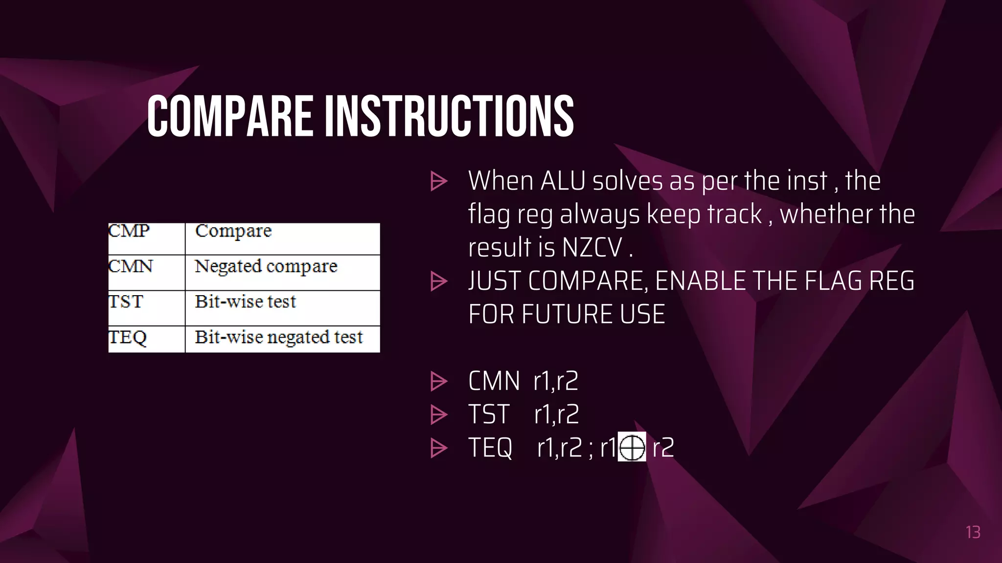 COMPARE Instructions
⩥ When ALU solves as per the inst , the
flag reg always keep track , whether the
result is NZCV .
⩥ JUST COMPARE, ENABLE THE FLAG REG
FOR FUTURE USE
⩥ CMN r1,r2
⩥ TST r1,r2
⩥ TEQ r1,r2 ; r1 r2
13
 
