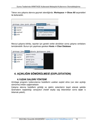 Sızma Testlerinde ARMITAGE Kullanarak Metasploit Kullanımını Otomatikleştirme 
Tekrar ana çalışma alanına geçmek istendiğinde, Workspace -> Show All seçenekleri 
ile ilerlenebilir. 
Mevcut çalışma bitirilip, raporlar için gerekli veriler alındıktan sonra çalışma veritabanı 
temizlenebilir. Bunun için yapılması gereken Hosts -> Clear Database 
4. AÇIKLIĞIN SÖMÜRÜLMESİ (EXPLOITATION) 
4.1 UZAK SALDIRI YÖNTEMİ 
Armitage programı kullanıcılarına hedeflerini uzaktan exploit etme (var olan açıklığı 
sömürme) imkânı sağlamaktadır. 
Çalışma alanına hedeflerin girildiği ve işletim sistemlerini tespit edecek şekilde 
taramaların başlatıldığı varsayılsın (hedef seçilip sağ tıklandıktan sonra scan ‘a 
tıklamak yeterli). 
BGA Bilgi Güvenliği AKADEMİSİ | www.bga.com.tr | bilgi@bga.com.tr 15 
 