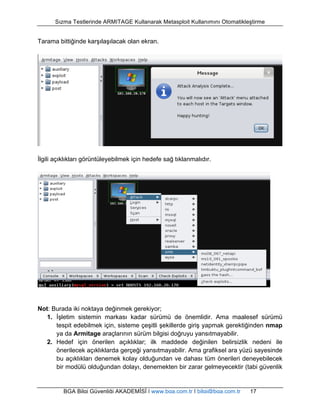 Sızma Testlerinde ARMITAGE Kullanarak Metasploit Kullanımını Otomatikleştirme 
Tarama bittiğinde karşılaşılacak olan ekran. 
İlgili açıklıkları görüntüleyebilmek için hedefe sağ tıklanmalıdır. 
Not: Burada iki noktaya değinmek gerekiyor; 
1. İşletim sistemin markası kadar sürümü de önemlidir. Ama maalesef sürümü 
tespit edebilmek için, sisteme çeşitli şekillerde giriş yapmak gerektiğinden nmap 
ya da Armitage araçlarının sürüm bilgisi doğruyu yansıtmayabilir. 
2. Hedef için önerilen açıklıklar; ilk maddede değinilen belirsizlik nedeni ile 
önerilecek açıklıklarda gerçeği yansıtmayabilir. Ama grafiksel ara yüzü sayesinde 
bu açıklıkları denemek kolay olduğundan ve dahası tüm önerileri deneyebilecek 
bir modülü olduğundan dolayı, denemekten bir zarar gelmeyecektir (tabi güvenlik 
BGA Bilgi Güvenliği AKADEMİSİ | www.bga.com.tr | bilgi@bga.com.tr 17 
 