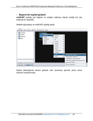 Sızma Testlerinde ARMITAGE Kullanarak Metasploit Kullanımını Otomatikleştirme 
- Başarılı bir exploit girişimi 
ms08-067 açıklığı çok başarılı ve uzaktan saldırıya olanak verdiği için çok 
kullanışlı bir exploitttir. 
Hedefe sağ tıklayıp ve ms08-067 açıklığı seçilir. 
Açıklık tıklandığında ekrana gelecek olan pencereyi görmek adına ekran 
alıntısını hazırlanımıştır. 
BGA Bilgi Güvenliği AKADEMİSİ | www.bga.com.tr | bilgi@bga.com.tr 20 
 