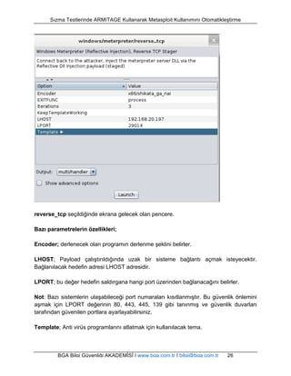 Sızma Testlerinde ARMITAGE Kullanarak Metasploit Kullanımını Otomatikleştirme 
reverse_tcp seçildiğinde ekrana gelecek olan pencere. 
Bazı parametrelerin özellikleri; 
Encoder; derlenecek olan programın derlenme şeklini belirler. 
LHOST; Payload çalıştırıldığında uzak bir sisteme bağlantı açmak isteyecektir. 
Bağlanılacak hedefin adresi LHOST adresidir. 
LPORT; bu değer hedefin saldırgana hangi port üzerinden bağlanacağını belirler. 
Not: Bazı sistemlerin ulaşabileceği port numaraları kısıtlanmıştır. Bu güvenlik önlemini 
aşmak için LPORT değerinin 80, 443, 445, 139 gibi tanınmış ve güvenlik duvarları 
tarafından güvenilen portlara ayarlayabilirsiniz. 
Template; Anti virüs programlarını atlatmak için kullanılacak tema. 
BGA Bilgi Güvenliği AKADEMİSİ | www.bga.com.tr | bilgi@bga.com.tr 26 
 