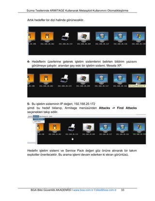 Sızma Testlerinde ARMITAGE Kullanarak Metasploit Kullanımını Otomatikleştirme 
Artık hedefler bir dizi halinde görünecektir. 
4- Hedeflerin üzerlerine gelerek işletim sistemlerini belirten bildirim yazısını 
görülmeye çalışılır, aranılan şey eski bir işletim sistemi. Mesela XP. 
5- Bu işletim sisteminin IP değeri; 192.168.20.172 
şimdi bu hedef tıklanıp, Armitage menüsünden Attacks -> Find Attacks 
seçenekleri takip edilir. 
Hedefin işletim sistemi ve Service Pack değeri göz önüne alınarak bir takım 
exploitler önerilecektir. Bu arama işlemi devam ederken ki ekran görüntüsü. 
BGA Bilgi Güvenliği AKADEMİSİ | www.bga.com.tr | bilgi@bga.com.tr 33 
 