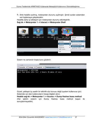 Sızma Testlerinde ARMITAGE Kullanarak Metasploit Kullanımını Otomatikleştirme 
7- Artık hedefe sızılmış, meterpreter oturumu açılmıştır. Şimdi sızılan sistemden 
veri toplamaya çalışılacaktır. 
Hedefle daha iyi etkileşim için meterpreter oturumu etkinleştirilir. 
Sağ tık -> Meterpreter 1 -> Interact -> Meterpreter Shell 
Sistem ne zamandır boşta bunu gözlenir. 
Güzel, yaklaşık üç saattir bir etkinlik söz konusu değil (system kullanıcısı için) 
Sistemde var olan kullanıcıların hesap bilgileri alınır. 
Hedefe sağ tık -> Meterpreter 1 -> Access -> Dump Hashes Isass method 
(Her işletim sistemi için Dump Hashes Isass method başarı ile 
sonuçlanmayabilir) 
BGA Bilgi Güvenliği AKADEMİSİ | www.bga.com.tr | bilgi@bga.com.tr 37 
 
