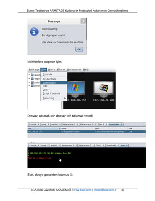 Sızma Testlerinde ARMITAGE Kullanarak Metasploit Kullanımını Otomatikleştirme 
İndirilenlere ulaşmak için; 
Dosyayı okumak için dosyayı çift tıklamak yeterli. 
Evet, dosya gerçekten boşmuş J. 
BGA Bilgi Güvenliği AKADEMİSİ | www.bga.com.tr | bilgi@bga.com.tr 40 
 