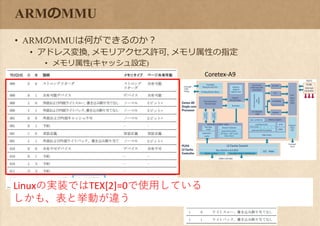 ARMのMMU
• ARMのMMUは何ができるのか？
• アドレス変換, メモリアクセス許可, メモリ属性の指定
• メモリ属性(キャッシュ設定)
Coretex-A9
Linuxの実装ではTEX[2]=0で使用している
しかも、表と挙動が違う
 