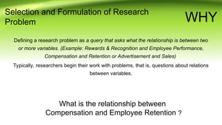 Selection and Formulation of Research
Problem
Defining a research problem as a query that asks what the relationship is between two
or more variables. (Example: Rewards & Recognition and Employee Performance,
Compensation and Retention or Advertisement and Sales)
Typically, researchers begin their work with problems, that is, questions about relations
between variables.
What is the relationship between
Compensation and Employee Retention ?
WHY
 