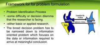 Framework for for problem formulation
• Problem Identification Process
• -some difficulty or decision dilemma
that the researcher is facing.
• -either basic or applied research.
• The broad decision problem has to
be narrowed down to information
oriented problem which focuses on
the data or information required to
arrive at meaningful conclusion.
 