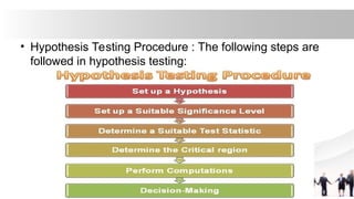 • Hypothesis Testing Procedure : The following steps are
followed in hypothesis testing:
 