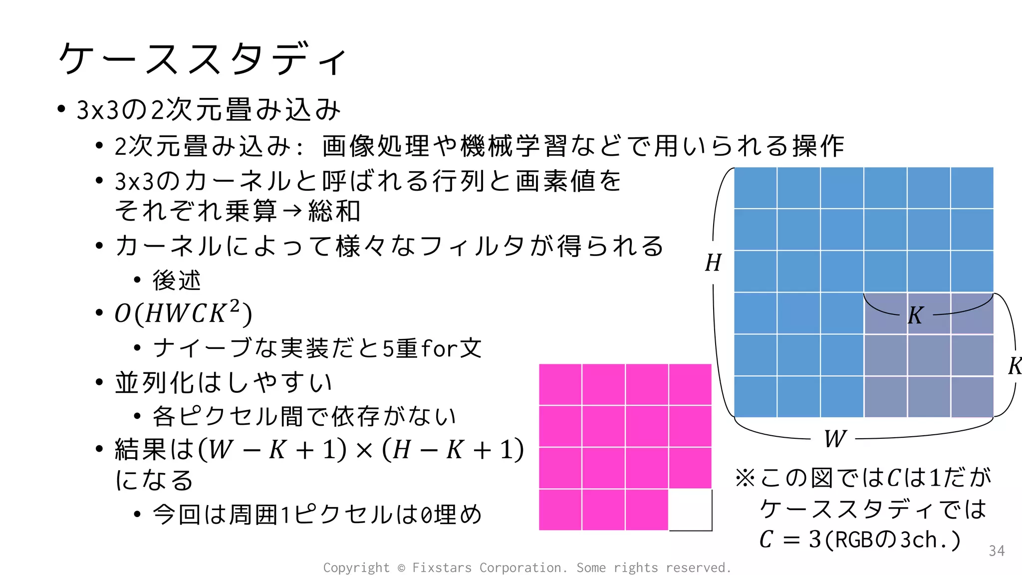 ケーススタディ
• 3x3の2次元畳み込み
• 2次元畳み込み: 画像処理や機械学習などで用いられる操作
• 3x3のカーネルと呼ばれる行列と画素値を
それぞれ乗算→総和
• カーネルによって様々なフィルタが得られる
• 後述
• 𝑂(𝐻𝑊𝐶𝐾2
)
• ナイーブな実装だと5重for文
• 並列化はしやすい
• 各ピクセル間で依存がない
• 結果は 𝑊 − 𝐾 + 1 × 𝐻 − 𝐾 + 1
になる
• 今回は周囲1ピクセルは0埋め
34
𝐻
𝑊
𝐾
𝐾
※この図では𝐶は1だが
ケーススタディでは
𝐶 = 3(RGBの3ch.)
Copyright © Fixstars Corporation. Some rights reserved.
 