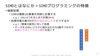 SIMDとはなにか＞SIMDプログラミングの特徴
• 端数処理
• SIMDは複数(N)要素を同時に計算する
e.g.) 32bit4つをまとめて計算(N=4)
• 処理対象の数がNで割り切れないときどうするか
e.g.) 7要素の配列に対して処理
• データをSIMDレジスタに読み込むのもN個ずつなので
素直にやるとアクセス違反を起こす
15
0
1
2
3
4
5
6
0
1
2
3
Copyright © Fixstars Corporation. Some rights reserved.
 