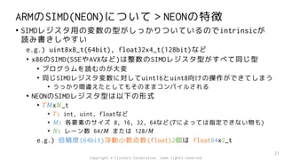 ARMのSIMD(NEON)について＞NEONの特徴
• SIMDレジスタ用の変数の型がしっかりついているのでintrinsicが
読み書きしやすい
e.g.) uint8x8_t(64bit), float32x4_t(128bit)など
• x86のSIMD(SSEやAVXなど)は整数のSIMDレジスタ型がすべて同じ型
• プログラムを読むのが大変
• 同じSIMDレジスタ変数に対してuint16とuint8向けの操作ができてしまう
• うっかり間違えたとしてもそのままコンパイルされる
• NEONのSIMDレジスタ型は以下の形式
• 𝑇𝑀x𝑁_t
• 𝑇: int, uint, floatなど
• 𝑀: 各要素のサイズ 8, 16, 32, 64など(𝑇によっては指定できない物も)
• 𝑁: レーン数 64/𝑀 または 128/𝑀
e.g.) 倍精度(64bit)浮動小数点数(float)2個は float64x2_t
21
Copyright © Fixstars Corporation. Some rights reserved.
 