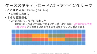 ケーススタディ＞ロード/ストアとインタリーブ
• ここまでやると23.5ms(-34.3ms)
• 2.46倍の高速化
• さらなる高速化
• y方向のレジスタブロッキング
• 現在はiループ毎にSIMDレジスタにロードしているが、y方向には入力を
共有できるので数行ずつ計算するとその分メモリアクセスが減る
95
Copyright © Fixstars Corporation. Some rights reserved.
 
