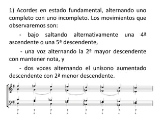 1) Acordes en estado fundamental, alternando uno
completo con uno incompleto. Los movimientos que
observaremos son:
- bajo saltando alternativamente una 4ª
ascendente o una 5ª descendente,
- una voz alternando la 2ª mayor descendente
con mantener nota, y
- dos voces alternando el unísono aumentado
descendente con 2ª menor descendente.
 