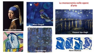 La monocromia nelle opere
d’arte
Franz Marc
Henri Matisse
Vincent Van Gogh
Claud Monet
Marc Chagall
Johannes Wermeer
 