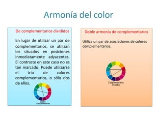 Armonía del color
De complementarios divididos
En lugar de utilizar un par de
complementarios, se utilizan
los situados en posiciones
inmediatamente adyacentes.
El contraste en este caso no es
tan marcado. Puede utilizarse
el trío de colores
complementarios, o sólo dos
de ellos.
Doble armonía de complementarios
Utiliza un par de asociaciones de colores
complementarios.
 