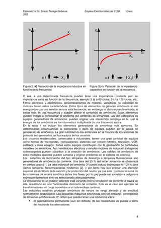 Elaborado: M.Sc. Ernesto Noriega Stefanova         Empresa Eléctrica Matanzas. CUBA   Enero
2005




Figura 2 [4]. Variación de la impedancia inductiva en   Figura 3 [4]. Variación de la impedancia
función de la frecuencia                                capacitiva en función de la frecuencia.

O sea, a una determinada frecuencia pueden tener una impedancia constante pero su
impedancia varía en función de la frecuencia, ejemplo 3 Ω a 60 ciclos, 5 Ω a 120 ciclos, etc.,
Filtros eléctricos y electrónicos, servomecanismos de motores, variadores de velocidad de
motores tienen estas características. Estos tipos de elementos no generan armónicos si son
energizados con una tensión de una sola frecuencia, sin embargo, si distorsionan la entrada, si
existe más de una frecuencia y pueden alterar el contenido de armónicos. Estos elementos
pueden mitigar o incrementar el problema del contenido de armónicos. Las dos categorías de
equipos generadores de armónicos, pueden originar una interacción compleja en la cual la
energía de los armónicos es transformada o multiplicada de una frecuencia a otra.
En la tabla 1 se indican los elementos generadores de armónicos más comunes. En
determinadas circunstancias la sobrecarga o daño de equipos pueden ser la causa de
generación de armónicos. La gran cantidad de los armónicos en la mayoría de los sistemas de
potencia son generados por los equipos de los usuarios.
Los usuarios residenciales, comerciales e industriales, tienen una gran cantidad de equipos
como hornos de microondas, computadoras, sistemas con control robótico, televisión, VCR,
estéreos y otros equipos. Todos estos equipos contribuyen con la generación de cantidades
variables de armónicos. Aún ventiladores eléctricos y simples motores de inducción trabajando
sobrecargados pueden contribuir a la creación de armónicos. Las salidas de armónicos de
estos múltiples aparatos pueden sumarse y originar problemas en el sistema de potencia.
Los sistemas de iluminación del tipo lámparas de descarga o lámparas fluorescentes son
generadores de armónicos de corriente. Una tasa del 25 % del tercer armónico es observada
en ciertos casos [1]. La tasa individual del armónico 3ro puede incluso sobrepasar el 100 % para
ciertas lámparas fluocompactadas modernas [2], y por tanto hay que prestar una atención
especial en el cálculo de la sección y la protección del neutro, ya que este conduce la suma de
las corrientes de tercera armónica de las tres fases, por lo que puede ser sometido a peligrosos
sobrecalentamientos si no es seleccionado adecuadamente.
La impedancia de un reactor saturado está variando con la circulación de corriente a través de
ella, resultando en una considerable distorsión de corriente. Este es el caso por ejemplo de
transformadores sin carga sometidos a un sobrevoltaje continuo.
Las máquinas rotativas producen armónicos de ranura de rango elevado y de amplitud
normalmente despreciable. Las pequeñas máquinas sincrónicas son sin embargo, generadoras
de tensiones armónicas de 3er orden que pueden tener una incidencia sobre:
      • El calentamiento permanente (aun sin defecto) de las resistencias de puesta a tierra
          del neutro de los alternadores.



                                                                                               4
 