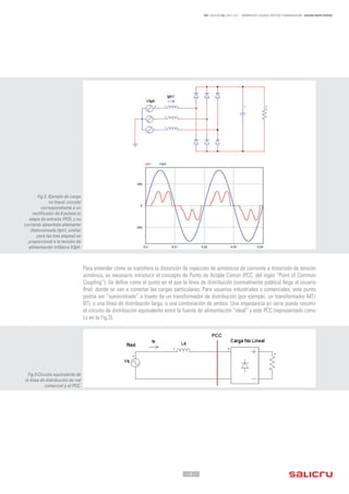 - 5 -
REF. JN004A00 ED. ABRIL 2016 - ARMÓNICOS: CAUSAS, EFECTOS Y MINIMIZACIÓN - SALICRU WHITE PAPERS
Para entender cómo se transfiere la distorsión de inyección de armónicos de corriente a distorsión de tensión
armónica, es necesario introducir el concepto de Punto de Acople Común (PCC, del ingés “Point of Common
Coupling”). Se define como el punto en el que la línea de distribución (normalmente pública) llega al usuario
final, donde se van a conectar las cargas particulares. Para usuarios industriales o comerciales, este punto
podría ser “suministrado” a través de un transformador de distribución (por ejemplo, un transformador MT/
BT), o una línea de distribución larga, o una combinación de ambos. Una impedancia en serie puede resumir
el circuito de distribución equivalente entre la fuente de alimentación “ideal” y este PCC (representado como
Ls en la Fig.3).
Fig 2. Ejemplo de carga
no lineal: circuito
correspondiente a un
rectificador de 6 pulsos (o
etapa de entrada VFD), y su
corriente absorbida altamente
distorsionada (lph1, similar
para las tres etapas) no
proporcional a la tensión de
alimentación trifásica V3ph.
Fig.3 Circuito equivalente de
la línea de distribución de red
comercial y el PCC.
 