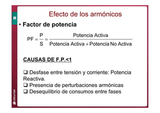 • Factor de potencia
Activa
No
Potencia
Activa
Potencia
Activa
Potencia
S
P
PF
+
=
=
Efecto de los armónicos
CAUSAS DE F.P.1
 Desfase entre tensión y corriente: Potencia
Reactiva.
 Presencia de perturbaciones armónicas
 Desequilibrio de consumos entre fases
 