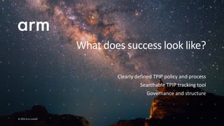 © 2019 Arm Limited
What does success look like?
Clearly defined TPIP policy and process
Searchable TPIP tracking tool
Governance and structure
 