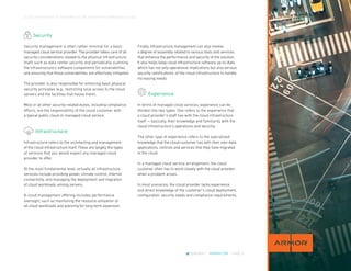 CLOUD CROSSOVER: 10 REASONS YOU’RE READY FOR A MANAGED CLOUD
@ARMOR | ARMOR.COM | PAGE 5
Security
Security management is often rather minimal for a basic
managed cloud service provider. The provider takes care of all
security considerations related to the physical infrastructure
itself, such as data center security and periodically scanning
the infrastructure’s software components for vulnerabilities
and ensuring that those vulnerabilities are effectively mitigated.
The provider is also responsible for enforcing basic physical
security principles (e.g., restricting local access to the cloud
servers and the facilities that house them).
Most or all other security-related duties, including compliance
efforts, are the responsibility of the cloud customer with
a typical public cloud or managed cloud service.
Infrastructure
Infrastructure refers to the architecting and management
of the cloud infrastructure itself. These are largely the types
of services that you would expect any managed cloud
provider to offer.
At the most fundamental level, virtually all infrastructure
services include providing power, climate control, Internet
connectivity, and managing the deployment and migration
of cloud workloads among servers.
A cloud management offering includes performance
oversight, such as monitoring the resource utilization of
all cloud workloads and planning for long-term expansion
Finally, infrastructure management can also involve
a degree of assembly related to various tools and services
that enhance the performance and security of the solution.
It also helps keep cloud infrastructure software up-to-date,
which has not only operational implications but also serious
security ramifications. of the cloud infrastructure to handle
increasing needs.
Experience
In terms of managed cloud services, experience can be
divided into two types. One refers to the experience that
a cloud provider’s staff has with the cloud infrastructure
itself — basically, their knowledge and familiarity with the
cloud infrastructure’s operations and security.
The other type of experience refers to the specialized
knowledge that the cloud customer has with their own data,
applications, controls and services that they have migrated
to the cloud.
In a managed cloud service arrangement, the cloud
customer often has to work closely with the cloud provider
when a problem arises.
In most scenarios, the cloud provider lacks experience
and direct knowledge of the customer’s cloud deployment,
configuration, security needs and compliance requirements.
 