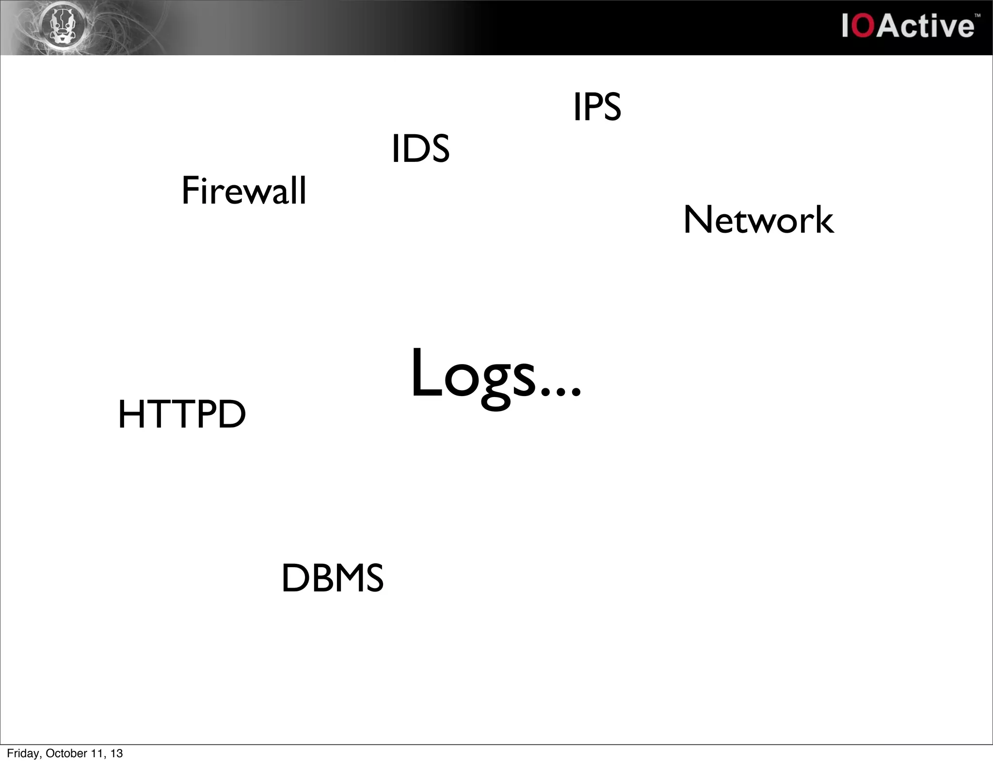 Logs...
Firewall
IDS
IPS
Network
HTTPD
DBMS
Friday, October 11, 13
 