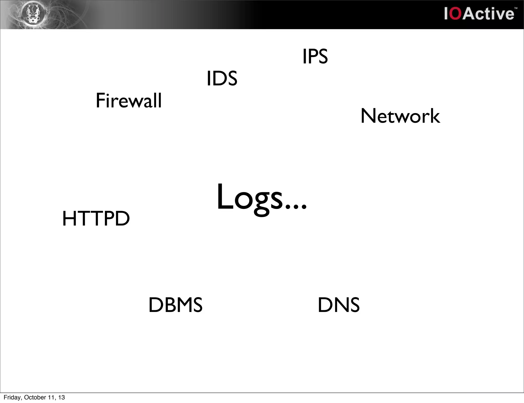 Logs...
Firewall
IDS
IPS
Network
HTTPD
DBMS DNS
Friday, October 11, 13
 