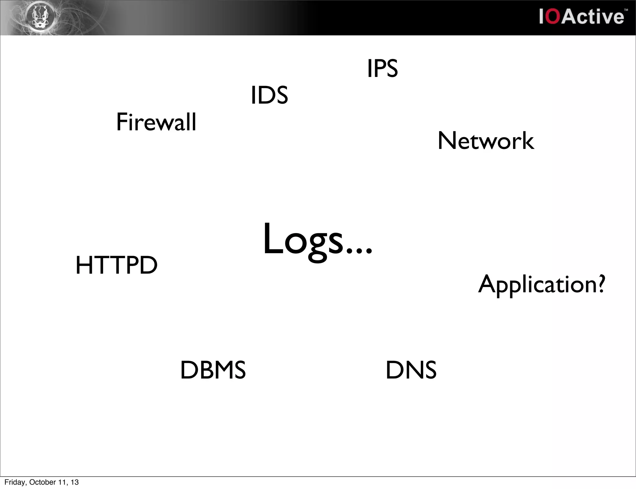Logs...
Firewall
IDS
IPS
Network
HTTPD
DBMS DNS
Application?
Friday, October 11, 13
 
