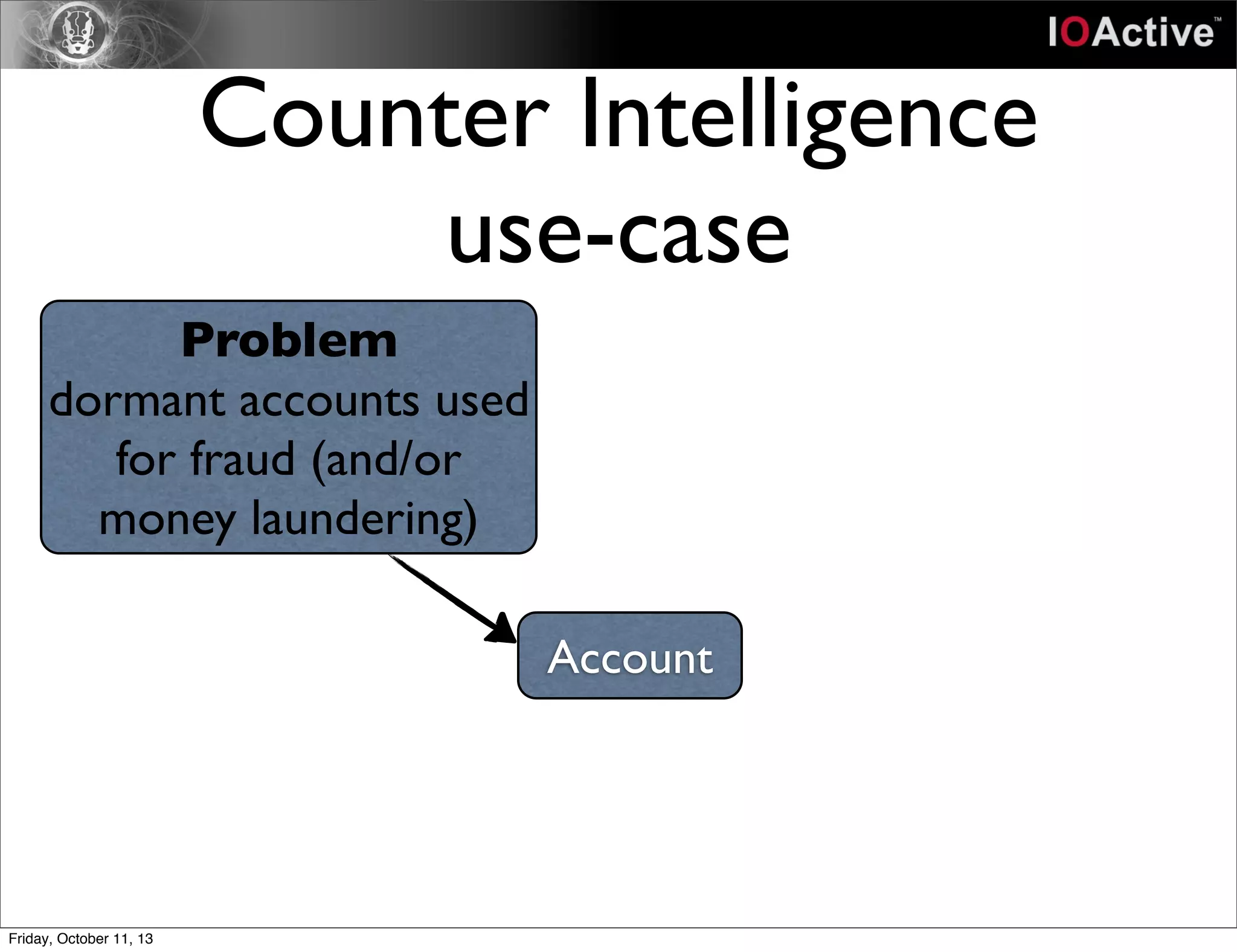 Counter Intelligence
use-case
Problem
dormant accounts used
for fraud (and/or
money laundering)
Account
Friday, October 11, 13
 