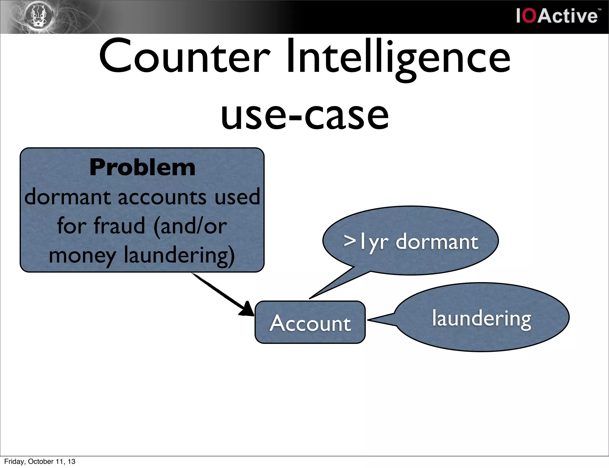 Counter Intelligence
use-case
Problem
dormant accounts used
for fraud (and/or
money laundering)
Account
>1yr dormant
laundering
Friday, October 11, 13
 