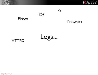 Logs...
Firewall
IDS
IPS
Network
HTTPD
Friday, October 11, 13
 